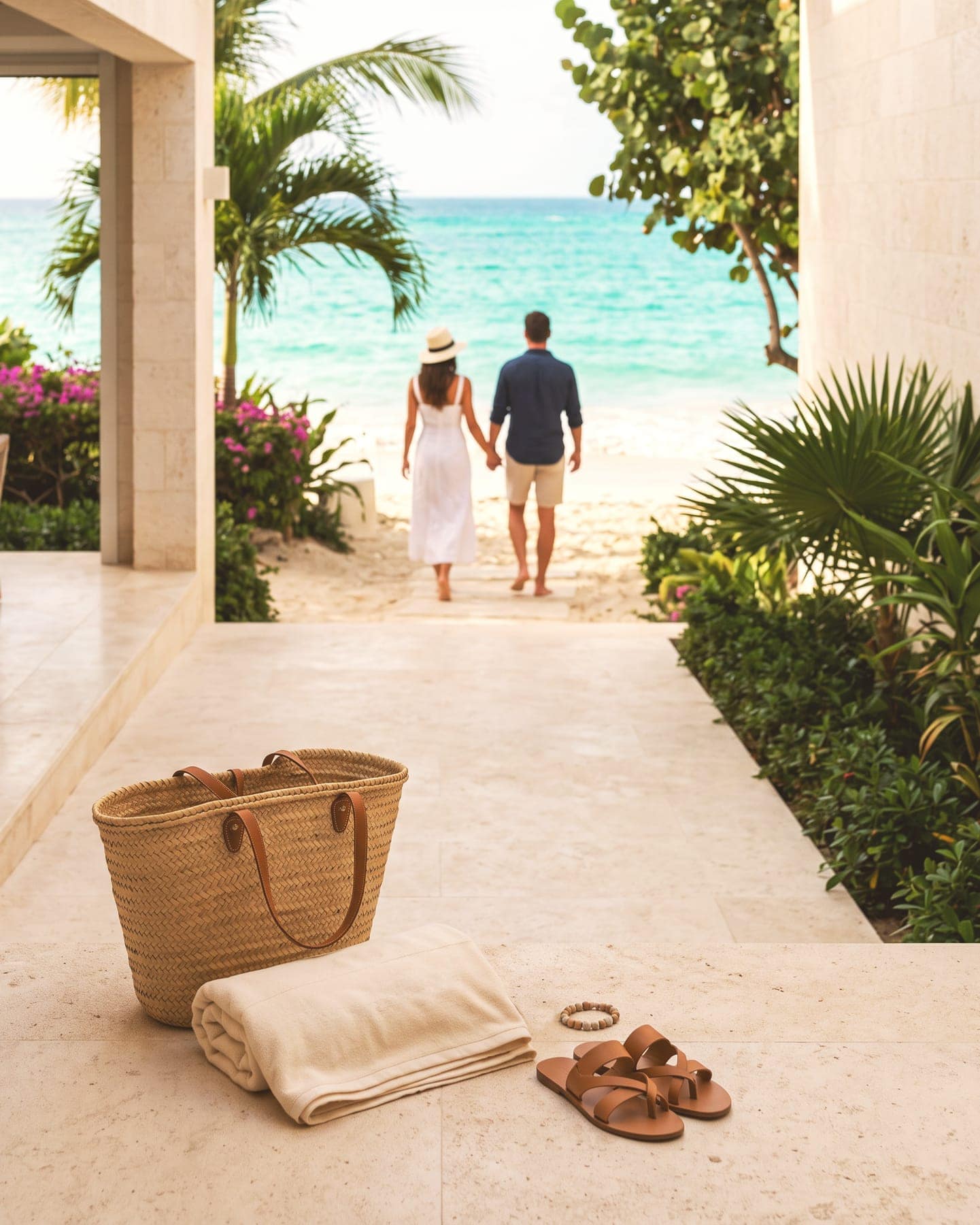 A couple walking from a villa terrace down to the beach
