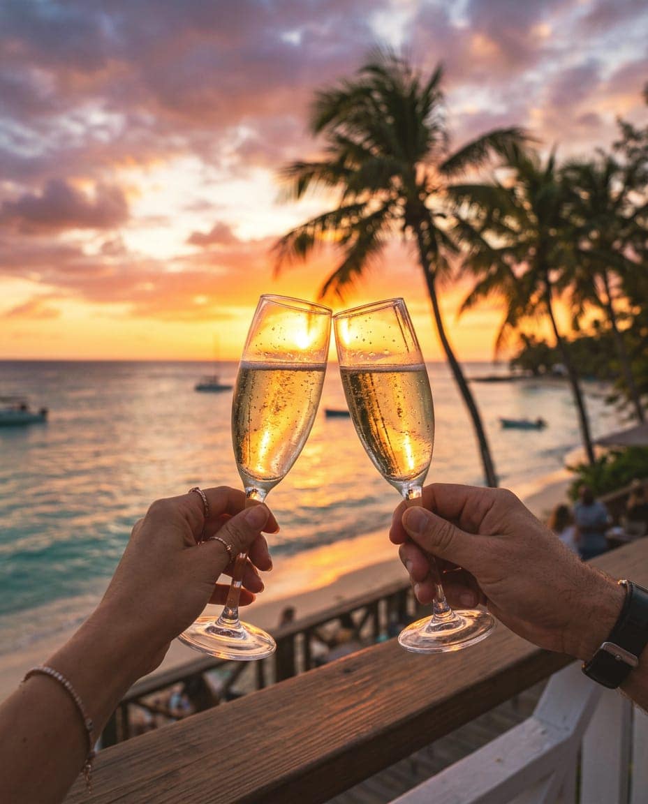 Two glasses of champagne raised against a beach sunset