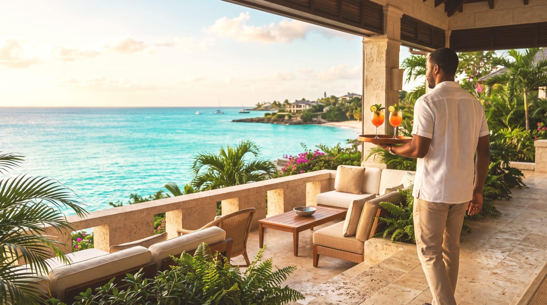 A member of the concierge team carrying a welcome drink onto a villa terrace above the sea
