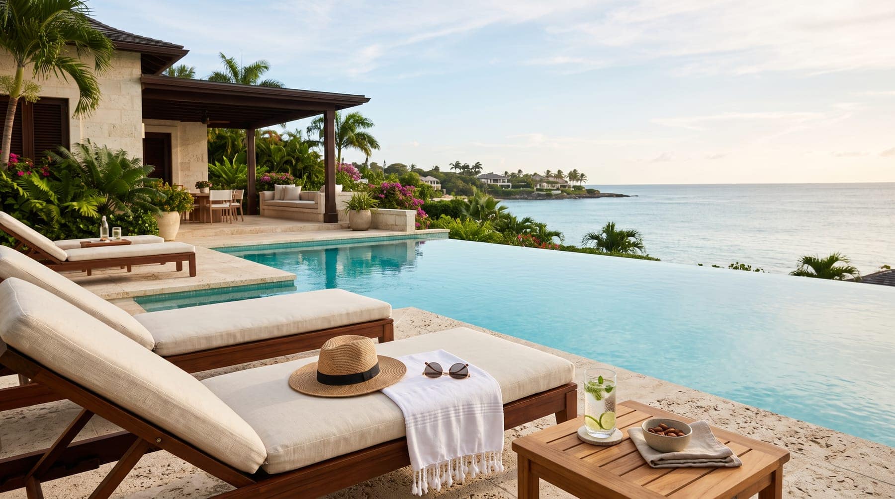 A shaded poolside terrace with sun loungers above the sea